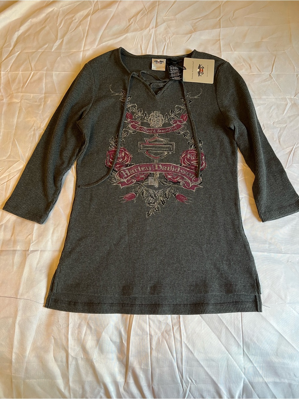 Harley-Davidson Gray Ribbed Lace-Up Thermal Top with Subtle Logo